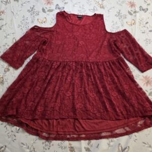 Torrid Deep Red Lace Cold Shoulder Babydoll Top Size 2 (2X) Romantic Boho